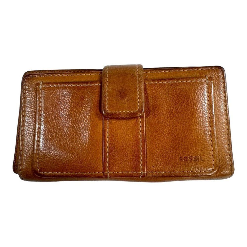 Fossil Brown Leather Wallet Bifold ID Holder Snap Closure Multiple Compartments